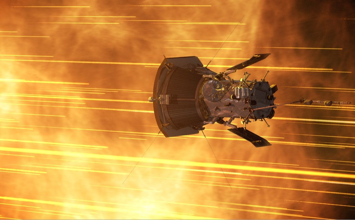 太陽風の中を飛行するNASAの探査機パーカー・ソーラー・プローブの想像図（NASA/Johns Hopkins APL/Ben Smith）