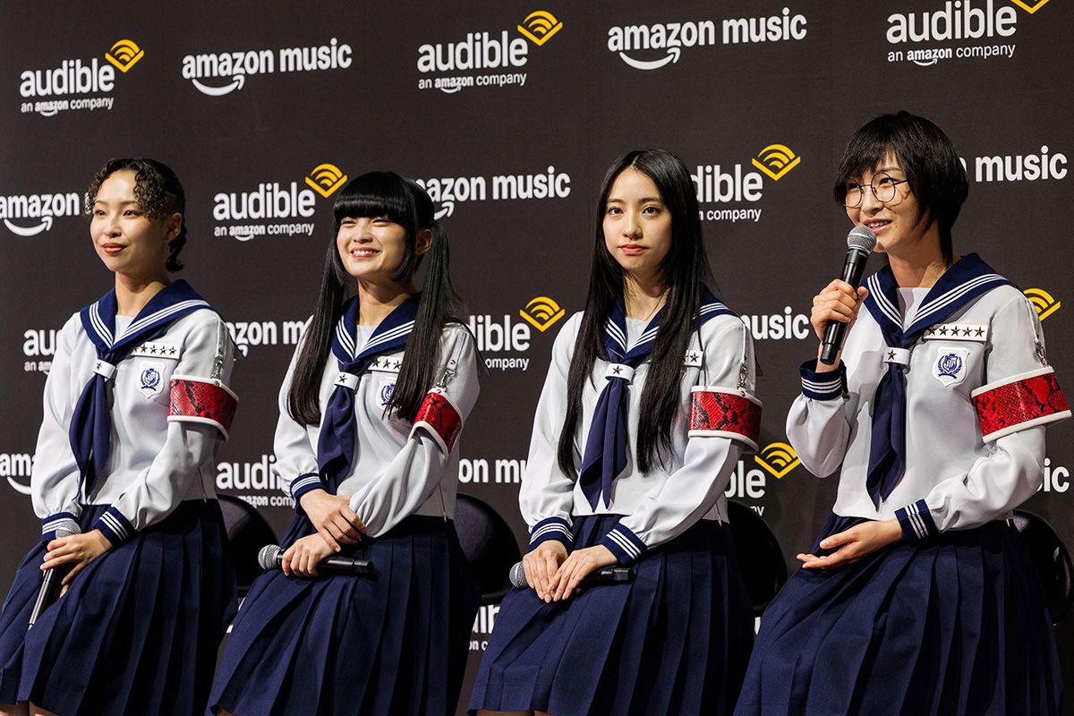 発表会に登壇した新しい学校のリーダーズのメンバー。今後はAudibleのコンテンツ制作にも関わってみたいと意欲をみせた