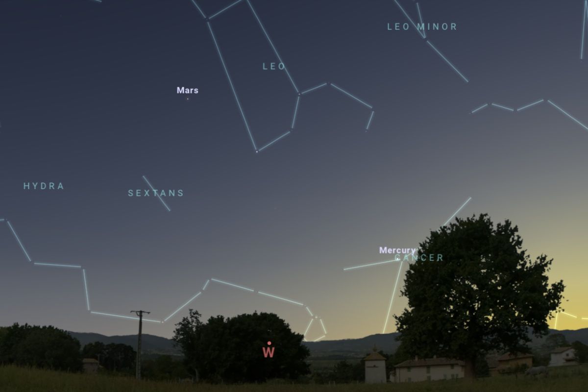 2025年7月5日、日の入り約40分後（東京：午後7時40分ごろ）の西の空（Stellarium）