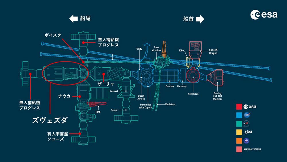 ISSを横から見た図。右が船首。ズヴェズダはロシア区画(グリーン)のもっとも後方に接続。この図ではズヴェズダに無人補給機プログレスが接続している(C)ESA/Yoshio Suzuki