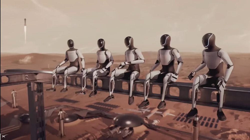 スターシップの連続打ち上げを可能にするタワーを、オプティマスが火星で建設する様子。エンパイア・ステートビルの有名な写真のパロディ(C)SpaceX