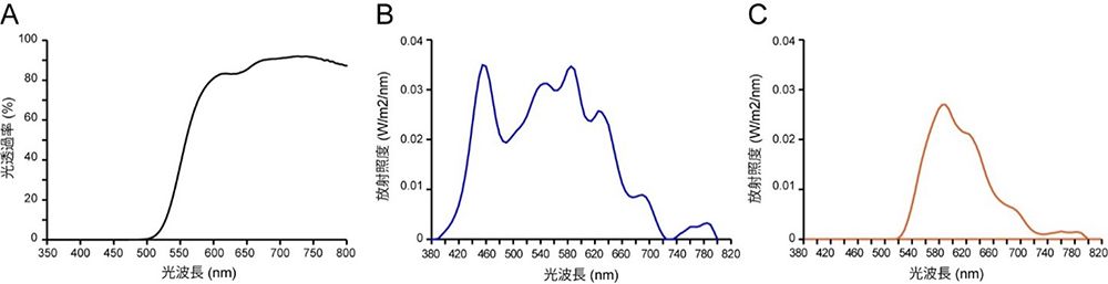 Aは実験に使用したブルーライトカット眼鏡の光の透過率。Bは高照度光条件でのLED照明の波長の分布。Cはブルーライトカット眼鏡を通した光の特性。