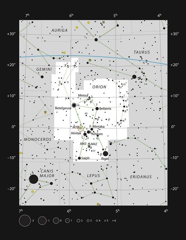 オリオン座にある原始星HOPS-315の位置を赤色の円で示した星図（ESO, IAU and Sky & Telescope）