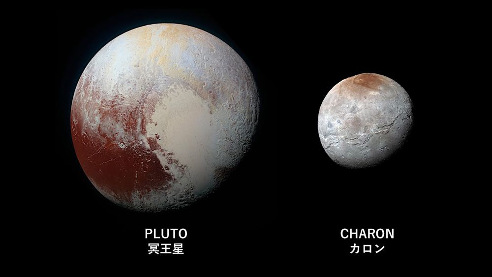 準惑星「冥王星」（直径2376.6km）と、その衛星「カロン」（直径1212km）のサイズ比較。質量比は約8対1(c)NASA/JHUAPL/SwRI/Alex Parker