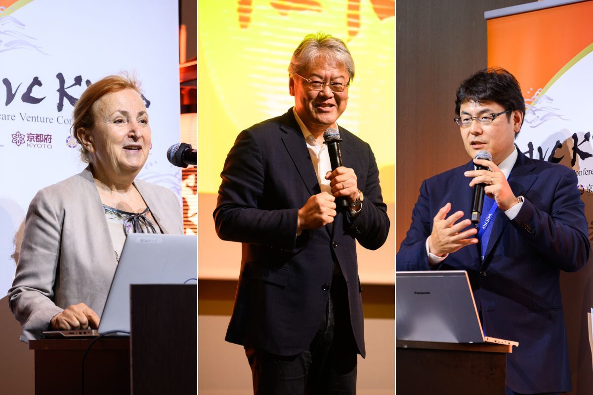 基調講演をした3人。左から、ダリア・モシーローゼン教授（スタンフォード大学医学部 化学・システム生物学部門 ジョージ・D・スミス教授。SPARK共同創設者兼共同ディレクター、SPARK GLOBAL 会長兼創設者）、池野文昭（スタンフォード大学 研究員。メドベンチャー・パートナーズ株式会社 チーフメディカルオフィサー）、稲村誠一（中外製薬 事業開発部 サーチ&エバリュエーション グループ長）