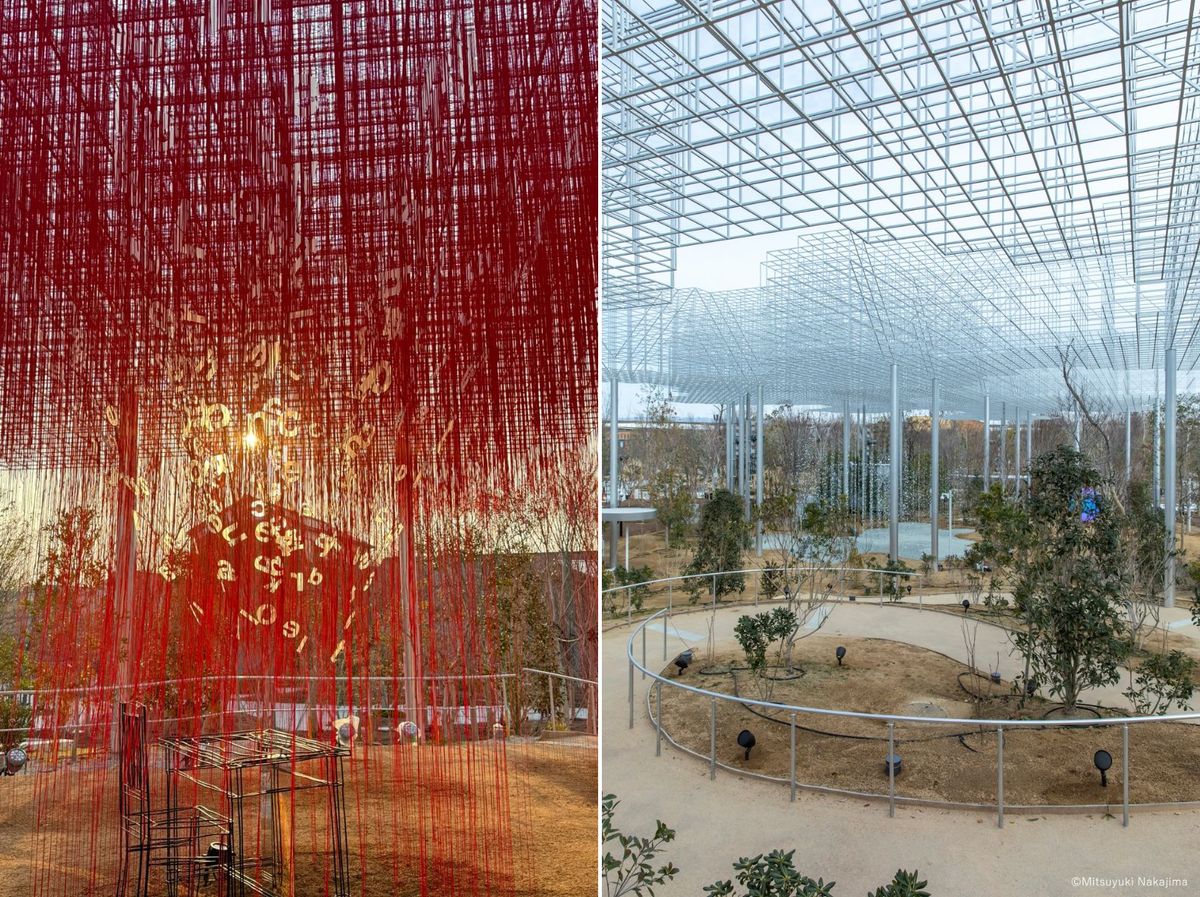 （左） シークエンス1にある塩田千春「言葉の丘」。人と人との共鳴がテーマで、多様な言語で書かれたつながりを巡る言葉が、ネットワークのような赤い糸に繋がれている。（右）シークエンス2にある、宮島達男「Counter Voice Network - Expo 2025」。音声を軸にしたインスタレーションで、9から1までをカウントダウンするさまざまな言語が混ざり合う。（写真：2025年日本国際博覧会協会提供）