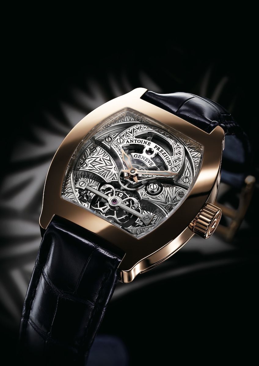 ジ アート オブ トゥールビヨン トゥールビヨン機構を探求してきたアントワーヌ・プレジウソらしく、搭載するスケルトンムーブメントCal.APG/28Tは、110時間のロングパワーリザーブを備えた高性能仕様。優美さとシャープさを併せもつトノーケースは完璧なプロポーションを誇り、ムーブメントのブリッジには熟練職人によるハンドエングレービングが施されているので、アート作品としての価値も高い。手巻き、18KPGケース、ケース縦52×横42㎜。世界限定1本。¥49,000,000（参考価格）