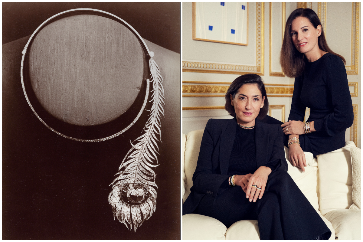 左：1883年に制作された〈クェスチョンマーク〉ネックレス。スプリング内蔵で、ワンタッチで着用できる名作となった。右：ブシュロンCEOのエレーヌ・プリ＝デュケン（手前）は2015年に就任後、倫理的素材調達やサステナビリティに注力。クリエイティブディレクターのクレール・ショワンヌ（奥）は2011年から在任し、洗練されたハイジュエリーコレクションを継続的に発表している。