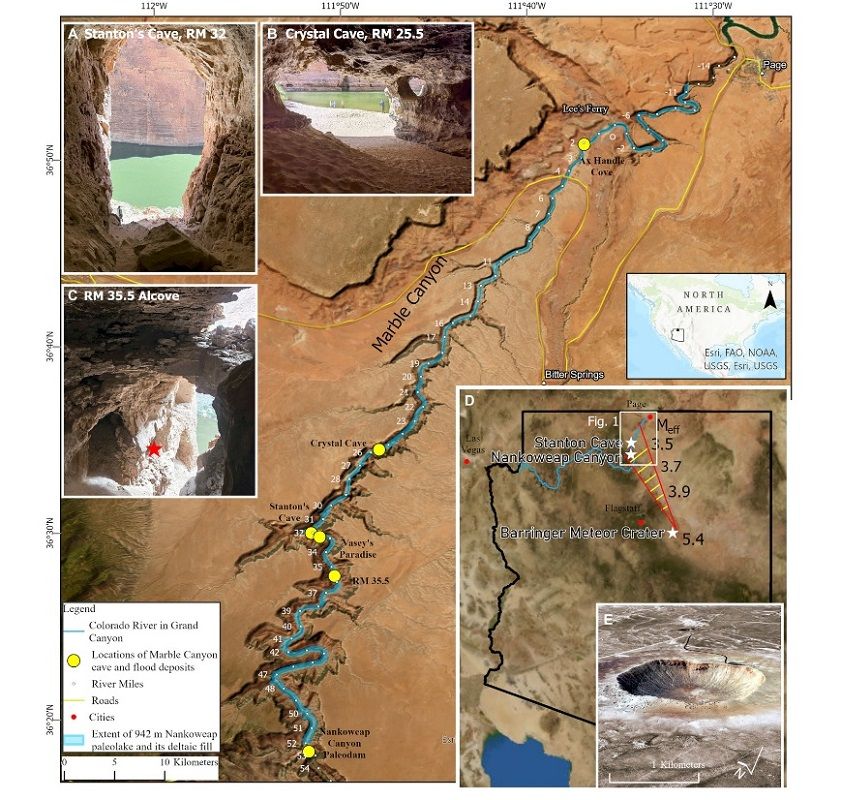 グランドキャニオンのナンコウィープ渓谷にできた天然ダム（Nankoweap Canyon Paleodam、中央下）によってコロラド川沿いに形成された地質学的に短命な古代湖。River Mile（RM）は基準点（Lee's Ferry）から下流に向けて測った河川の長さで、スタントン洞窟（A）はRM32の位置にある。Dはグランドキャニオンとバリンジャークレーター（E）の位置関係を示した地図（Karlstrom et al, Geology 2025）