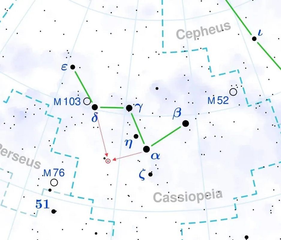 銀河系で最古級の肉眼で見える恒星カシオペヤ座ミュー星（Mu Cas A）の位置を示した星図。北天の星座カシオペヤ座（W字）の外側の2本の腕を伸ばして交差したところ（赤丸の中心）にある（Wikipedia）