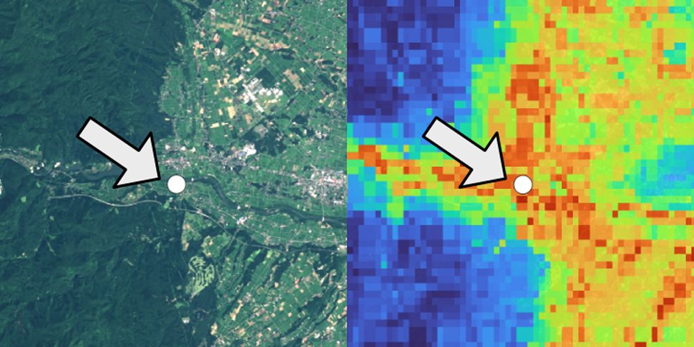 遭遇リスク予測の事例検証。2025年7月4日、岩手県北上市和賀町で80代の女性がクマに襲われた場所は、マップでも高リスクと評価されていた（お天気ナビゲータより）。