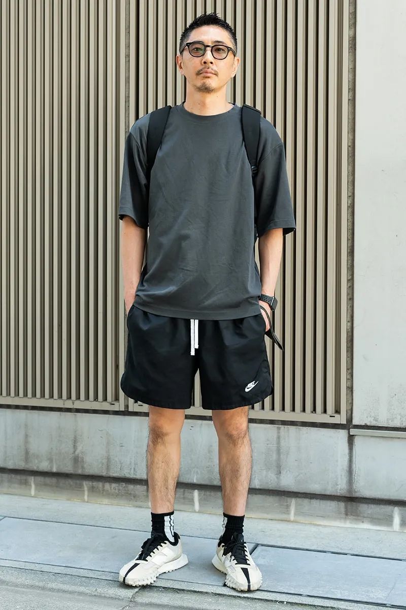 Tシャツ＝ユニクロ　ショーツ＝ナイキ　スニーカー＝ニューバランス　バッグ＝ザノースフェイス　眼鏡＝ゾフ　腕時計＝アップル