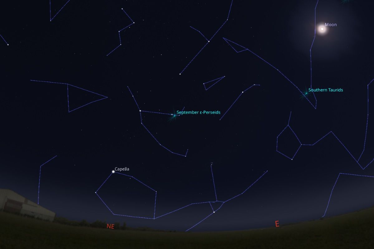 2025年9月9日（東京：午後11時ごろ）の東北東の空、9月ペルセウス座ε流星群の放射点の位置（Stellarium）