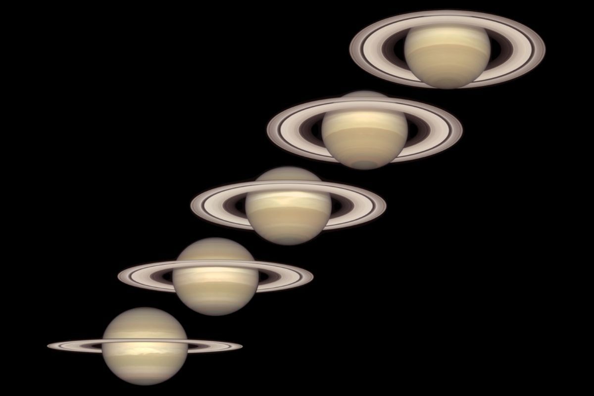 ハッブル宇宙望遠鏡が1996～2000年にとらえた、土星の北半球が秋から冬へと移行するにつれて変化する環の傾き（NASA and The Hubble Heritage Team (STScI/AURA); Acknowledgment: R.G. French (Wellesley College), J. Cuzzi (NASA/Ames), L. Dones (SwRI), and J. Lissauer (NASA/Ames)）