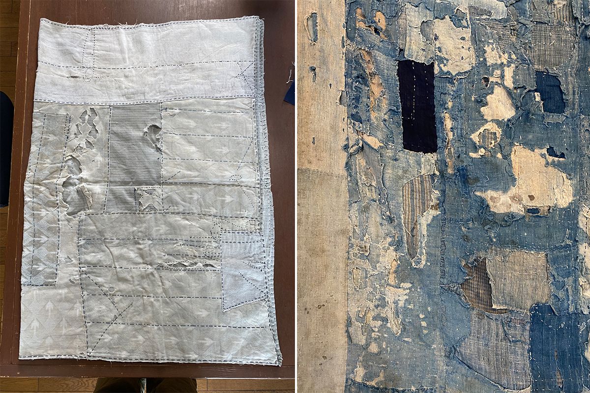 ワークショップで見たボロのタペストリー（左）、アトリエの壁にかけられていたボロ（右）