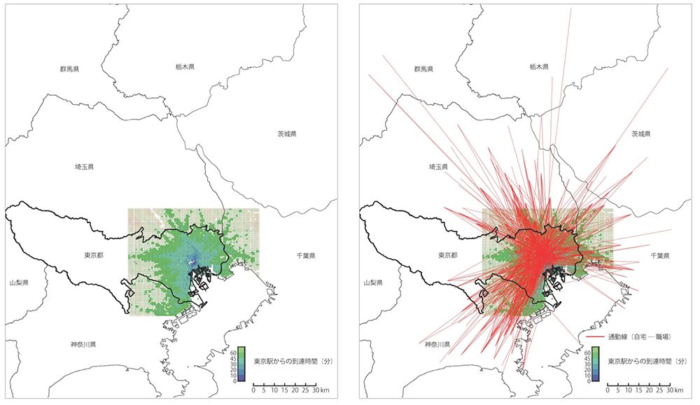 左は東京駅から時間別到達圏域（緑は60分）、右は調査対象者の自宅と職場を結んだ線。 地域経済分析システム（RESAS、内閣府）により研究チームが作成した。
