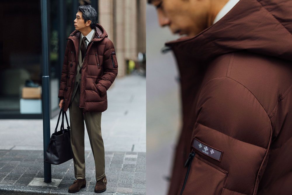 ダウンジャケット￥226,600〈タトラス／タトラス カスタマーセンター☎︎03-6277-1766〉スーツ￥154,000〈ブリッラ ペル イル グスト〉、シャツ￥18,700〈ビームス F〉、タイ￥17,600〈ステファノ カウ〉、バッグ￥46,200〈ラ・ヴェニール〉、靴￥99,000〈ロイドフットウエア／すべてビームス F☎03-3470-3946〉