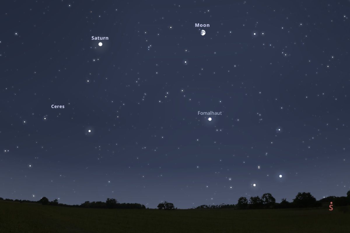 2025年10月4日、日の入り約2時間40分後（東京：午後8時01分）の南南東の空（Stellarium）