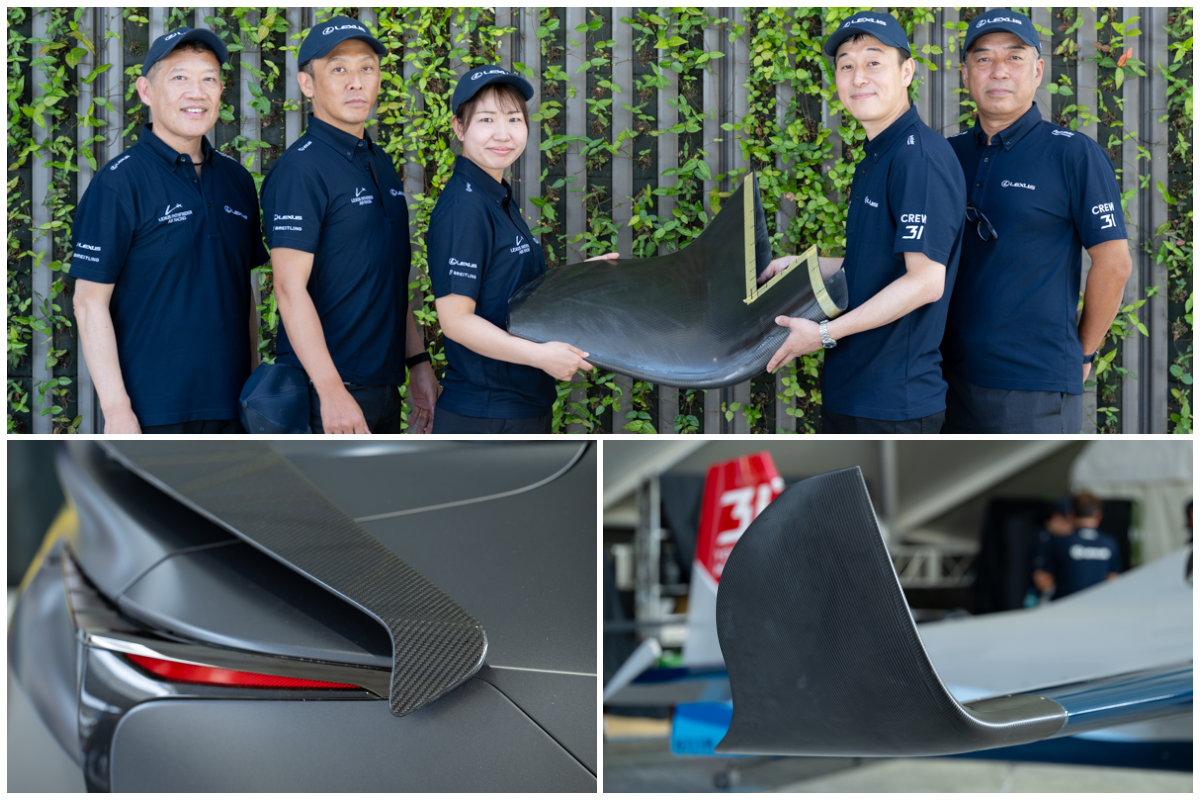 ウイングレット開発チーム（上）、最大の改善ポイントとなった新型ウイングレットの形状（左下）、ウイングレットの形状はLEXUSのリアウイングにも応用されている。（右下）
