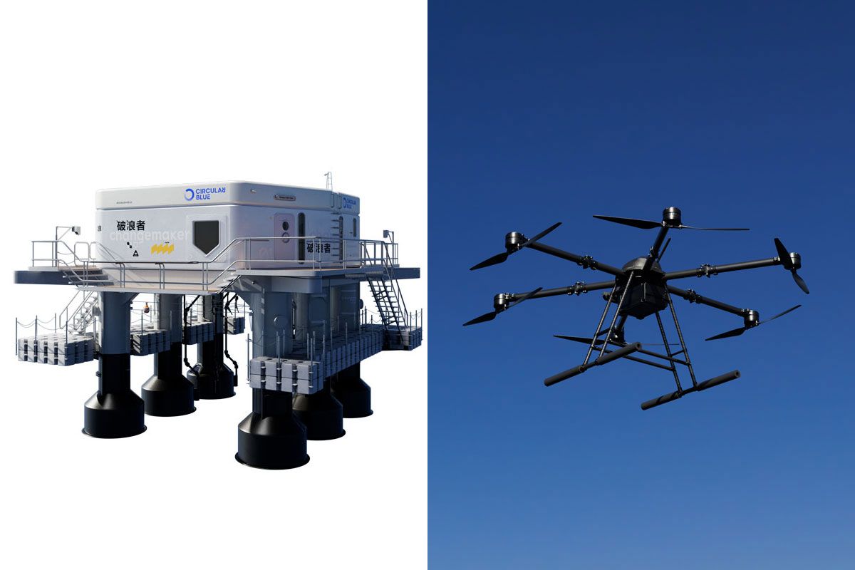 母船、探索ドローン、水面船による連携システムで海洋ごみを絶え間なく回収する「サーキュラーブルー™」。