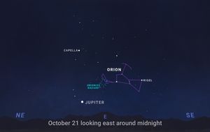 オリオン座流星群の放射点の位置を示した図（NASA/JPL-Caltech）