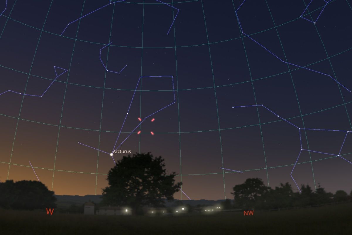 2025年10月21日、日の入り1時間後（東京：午前5時58分）のレモン彗星（C/2025 A6）の位置（Stellarium）