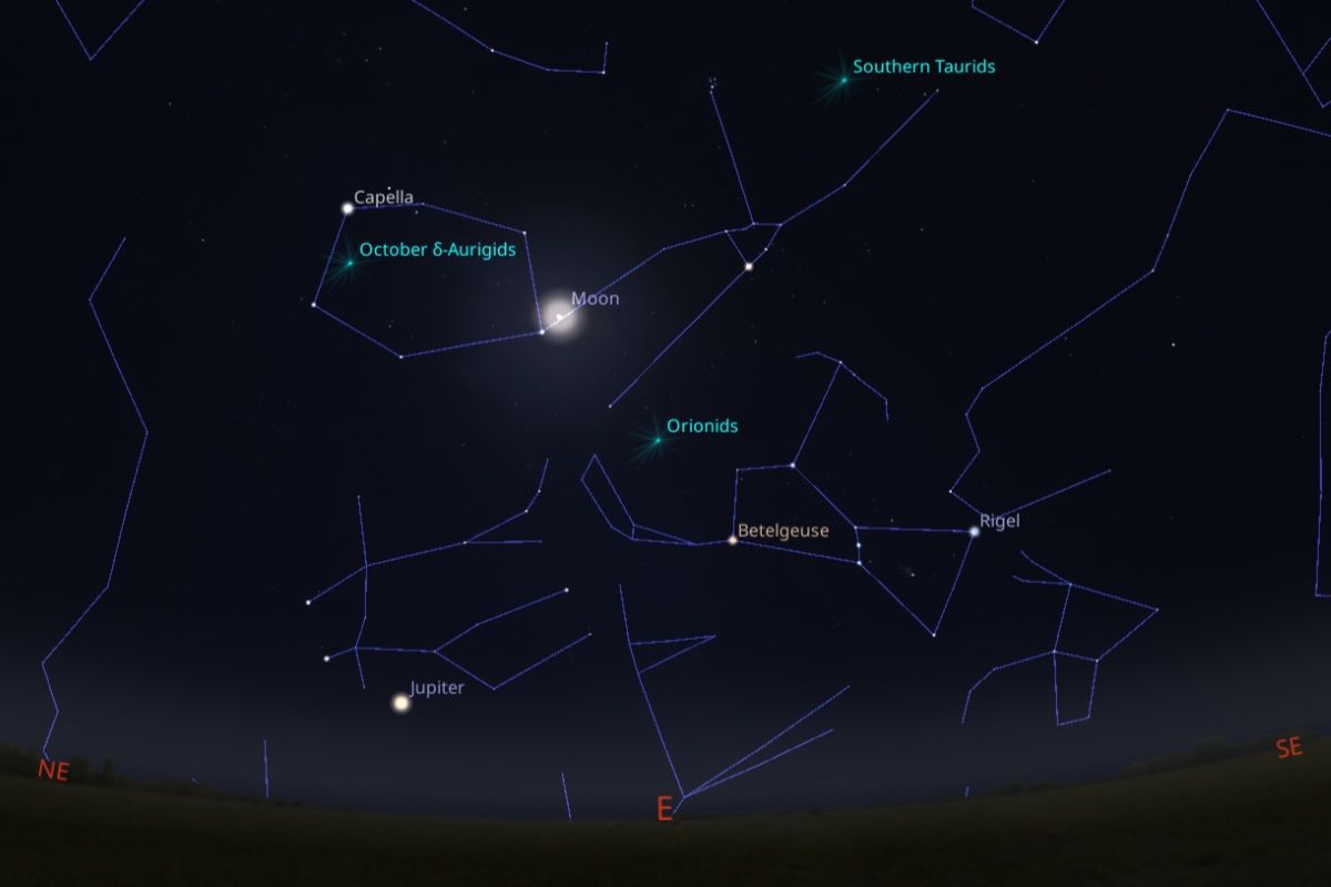 2025年10月12日（東京：午前0時）の東の空。ぎょしゃ座のカペラ近くに「ぎょしゃ座δ流星群」の放射点がある（Stellarium）