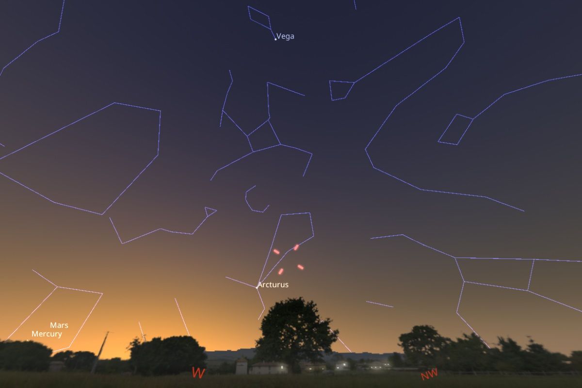 2025年10月21日、日の入り45分後（東京：午後5時43分）の西～北西の空、レモン彗星（C/2025 A6）の位置を示した図（Stellarium）