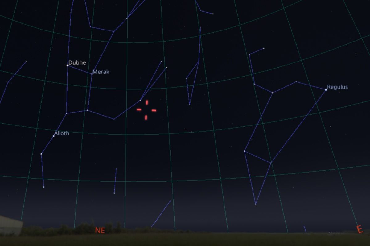 2025年10月11日、日の出90分前（東京：午前4時14分）の北東の空、レモン彗星（C/2025 A6）の位置（Stellarium）