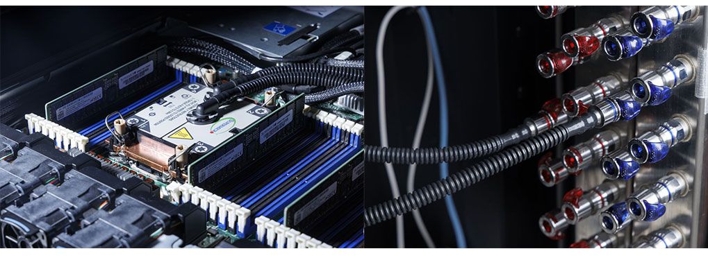 左：水冷サーバーでは、GPUやCPUといった主要な発熱部に取り付けられたコールドプレートに冷媒液を循環させ、冷却する。／右：取材したSupermicro社製水冷ラックでは、パイプ着脱の際に冷媒液がほぼ漏れないため、運転中でもメンテナンスに伴うサーバーの着脱ができる仕様。商用環境が再現されたData Center Trial Fieldでは、水冷ラックの社会実装に向けて、より安全かつ省力化を考慮し、さまざまなプレイヤーと意見交換・共同検証を行っている。