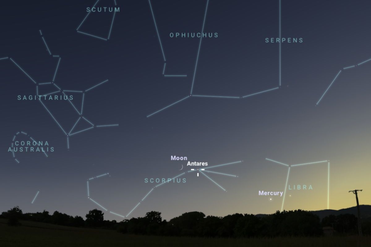 2025年10月25日、日の入り約35分後（東京：午後5時30分頃）の南西の空（Stellarium）