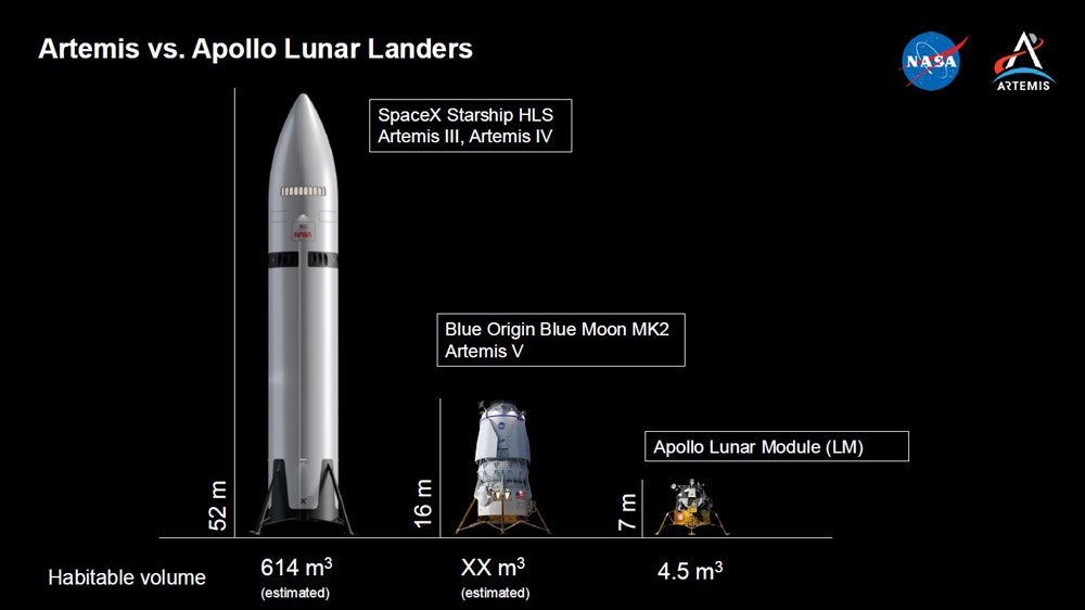 左からスペースXの「スターシップHLS」、ブルーオリジンの「ブルームーンMK2」、アポロ計画の「LM」 (c)NASA
