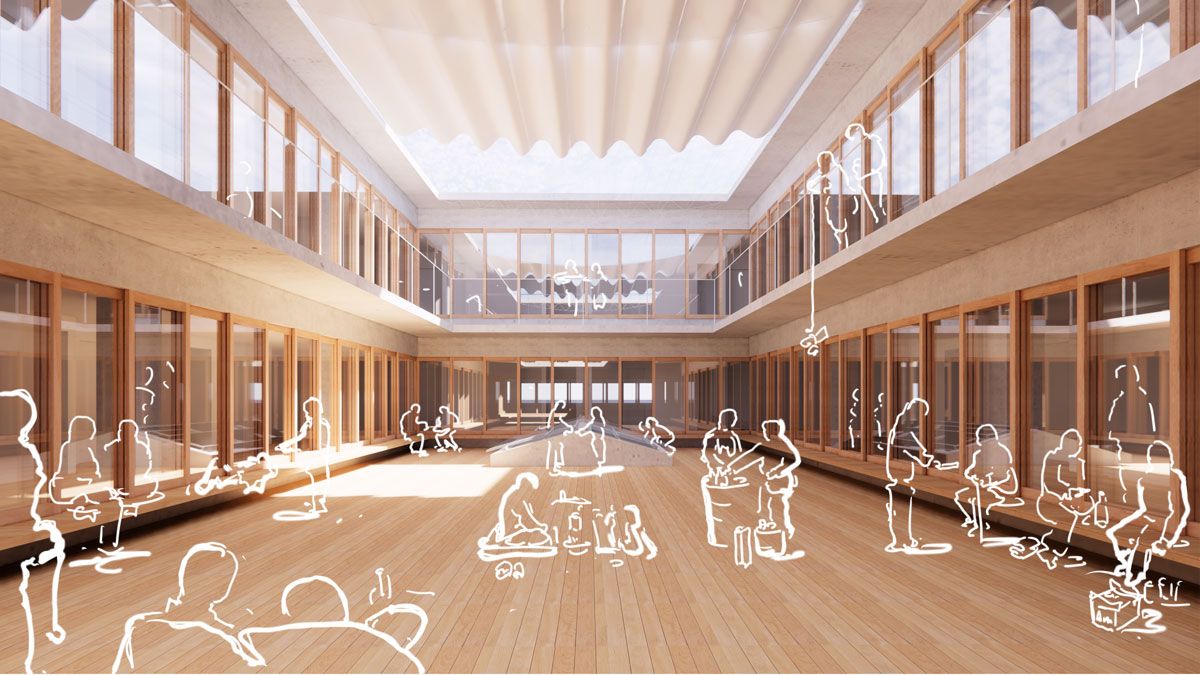 特定危険指定暴力団本部事務所跡地に建つ建物の１階には、「大きな家族」の「大きな居間」となるホールを地域にも開放する予定だ。