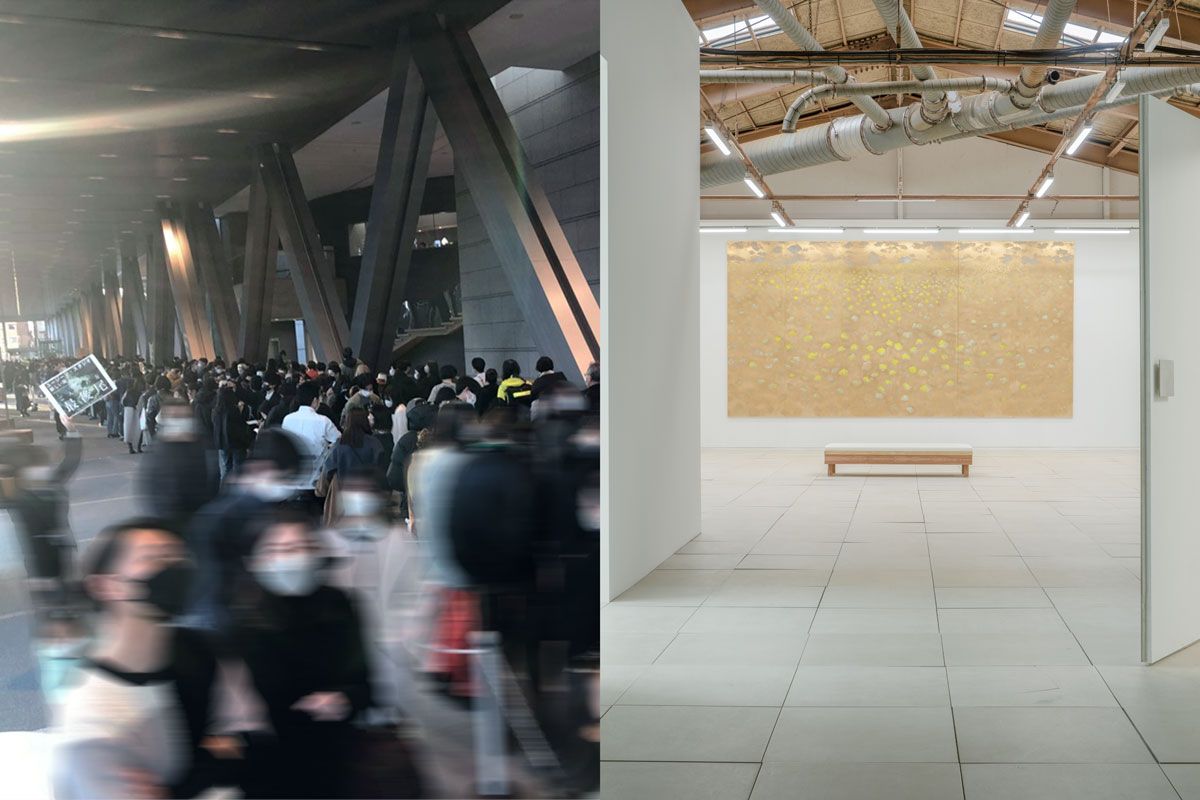 個展「新しい海-After the Rainbow」の様子。観覧を求める人々で東京都現代美術館前に長蛇の列ができた（左）。寒川とチームが自ら設計・DIYした「Atelier iii」（右）。