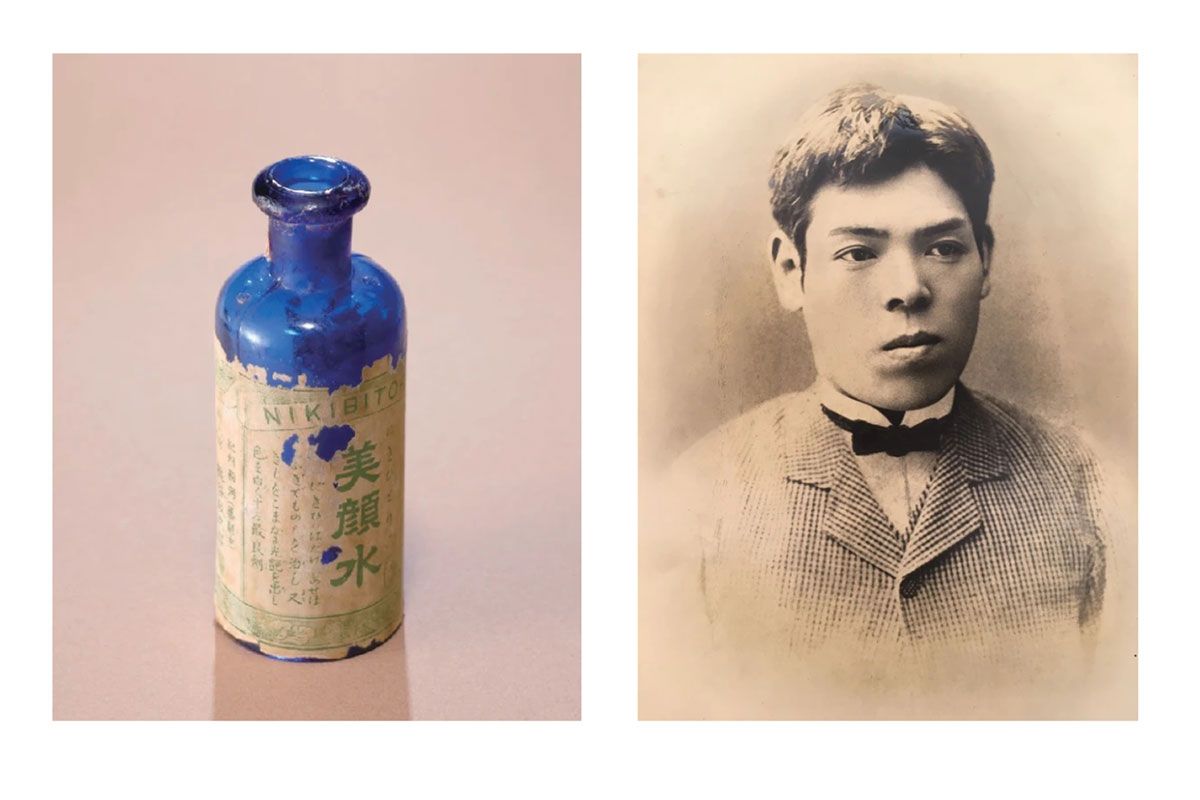 1885年創業当時のにきびとり美顔水と創業者　桃谷政次郎氏