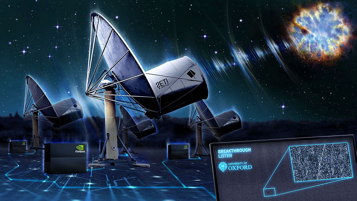 アレン望遠鏡アレイ（ATA）が高速電波バーストを捕えるイメージイラスト (c)SETI Institute / Danielle Futselaar / Breakthrough Lsiten