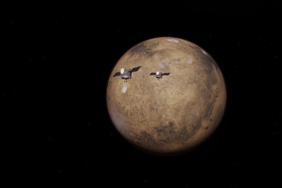 火星周回軌道に投入されるESCAPADEミッションの双子の探査衛星の想像図。2基の衛星は48時間差で火星に到着する予定だ(James Rattray/Rocket Lab USA)