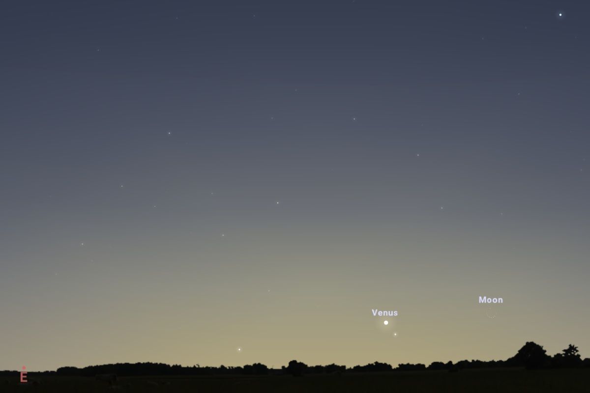 2025年11月19日（東京：午前5時45分頃）の東南東の空。右上に見える明るい星はスピカ（Stellarium）