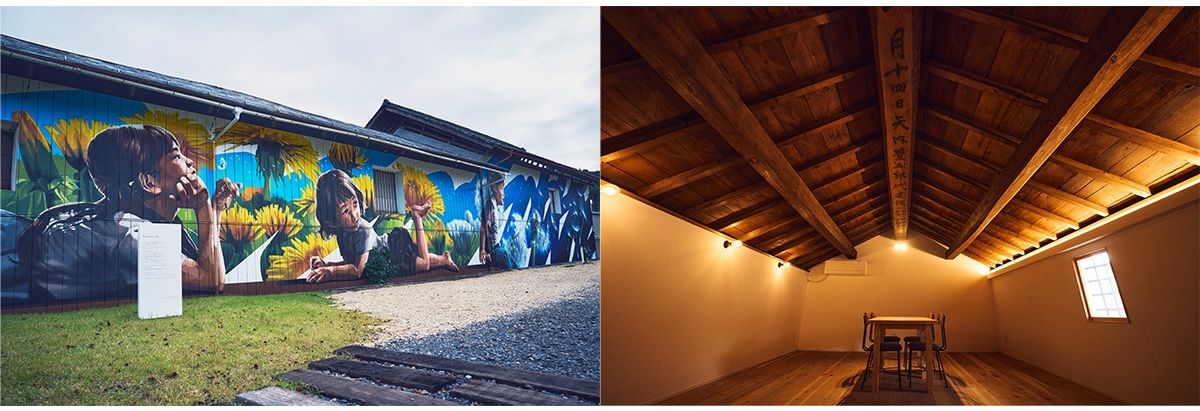（左）酒蔵の横壁を飾る巨大壁画「DandeliEn」。矢内はここを「数分でも古殿町に足を止めてもらえる足がかりになれば」と語る　（右）多目的交流スペース「kuranoba」。天井の梁に「大正4年11月14日」とあるように、100年以上前の蔵をリノベーションしている。