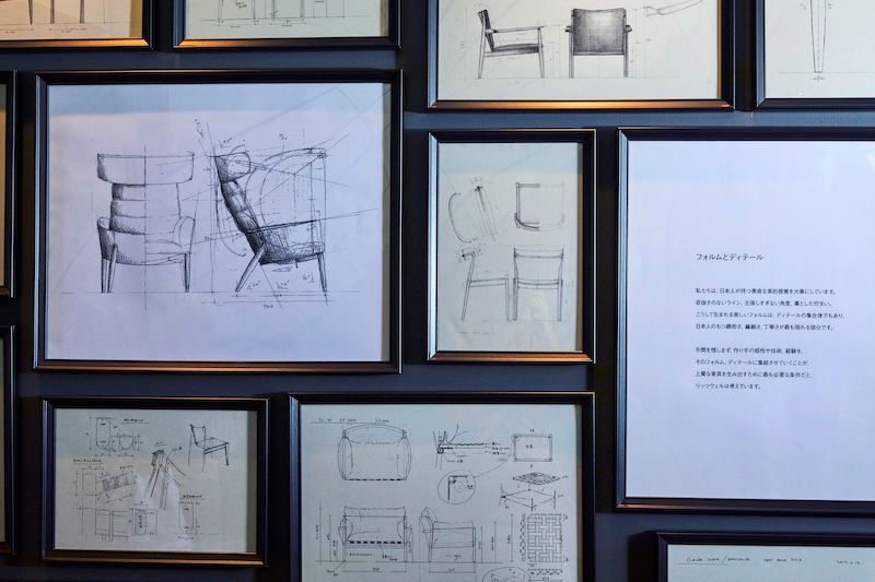 宮本によるプロダクトスケッチの数々がシーサイドファクトリーに展示されている。チェアの脚に「エンタシス」の書き込みも。