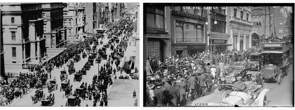 左は1900年、右は1913年。左では大部分が馬車だが右では大部分が自動車になっている（public domain。Wikimediaより）