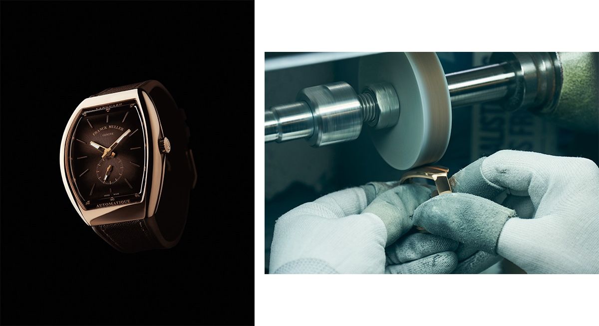 左：ジュネーブの旧市街の歴史ある建物や豊かな自然から導き出されたブラウンのダイヤルを採用した「ヴァンガード スリム スフマート」。自動巻き、18KPGケース、ケース縦52.3×横42.5㎜。￥3,850,000 右：ウォッチランドでは、いまでも職人の手仕事から美しい時計が生まれる。