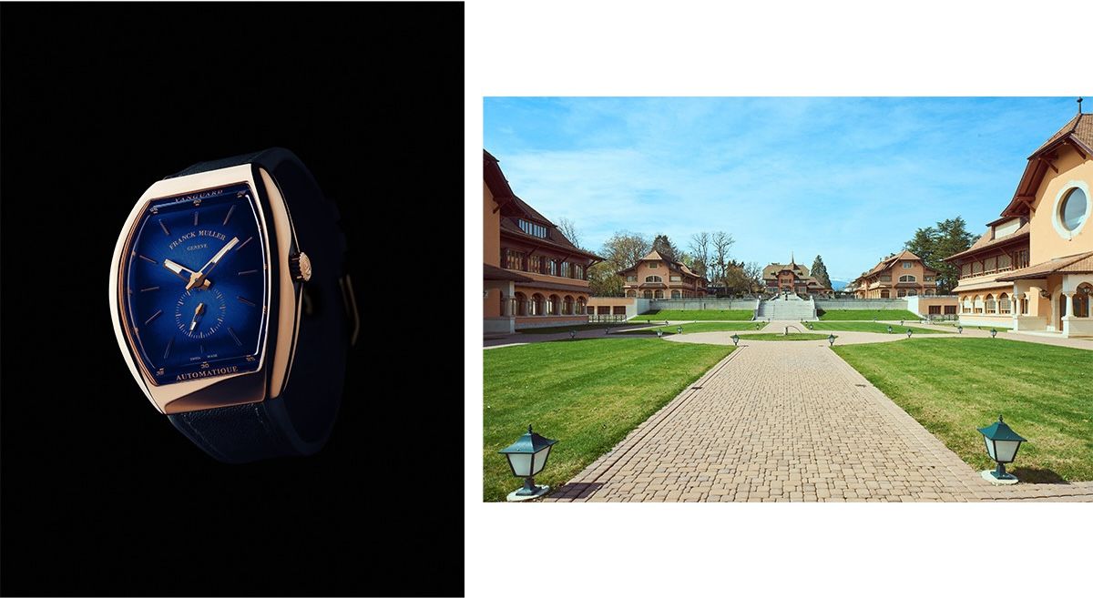左：ウォッチランドからも見えるレマン湖の美しい水面を思わせるブルーのダイヤルを採用した「ヴァンガード スリム スフマート」。自動巻き、18KPGケース、ケース縦50×横41㎜。￥3,740,000 右：既存のシャトーに合わせて別棟を設計したウォッチランド。左右対称の美しい庭園も見どころとなる。