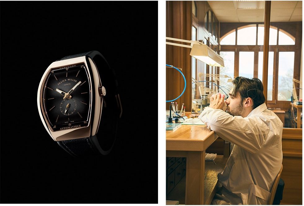 左：柔らかな陰影によって移り行く時を表現するブラックダイヤルの「ヴァンガード スリム スフマート」。自動巻き、18KPGケース、ケース縦52.3×横42.5㎜。￥3,850,000　搭載されるムーブメントはCal. FM708。パワーリザーブ約35時間。