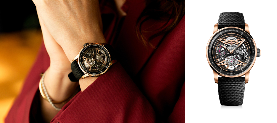 レスタ着用の腕時計は、新作「CODE 11.59 バイ オーデマ ピゲ フライング トゥールビヨン オープン ワーク」。41mmケースに新開発の自動巻きキャリ バー2980を搭載し、快適で直感的な使用感を実現。 オープンワークとトゥールビヨンの高度な技術を体 現し、ブラックセラミックと18Kピンクゴールドの大 胆なツートーンがスケルトンムーブメントに奥行きと 美を与える。伝統と革新が融合した、現代オートオ ルロジュリーの象徴的タイムピースだ。
