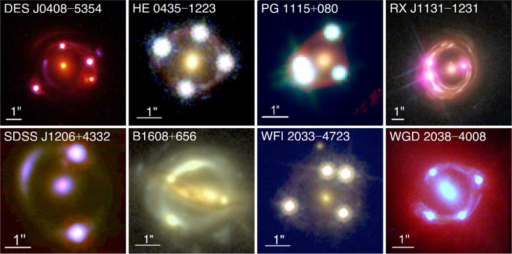 8つのクエーサーの重力レンズをとおした画像（TDCOSMO Collaboration et al. 2025, A&A, in press）。