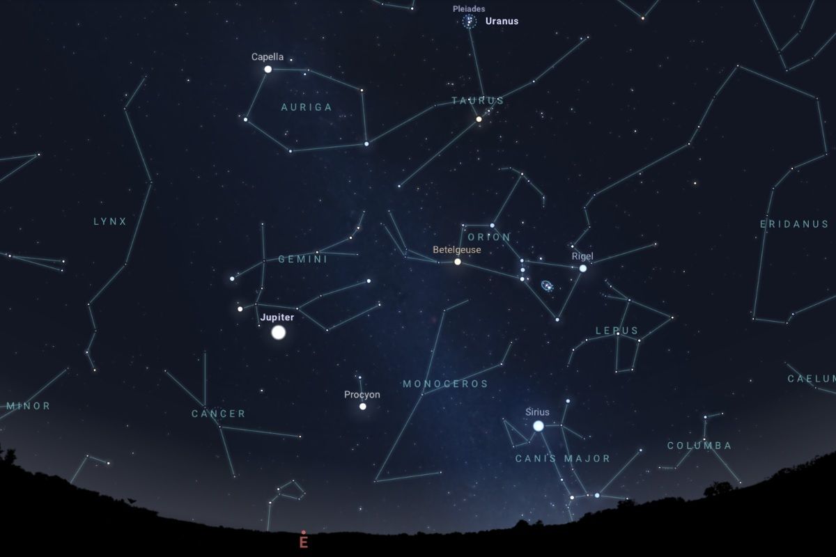 2025年12月中旬（東京：午後9時頃）の東の空（Stellarium）