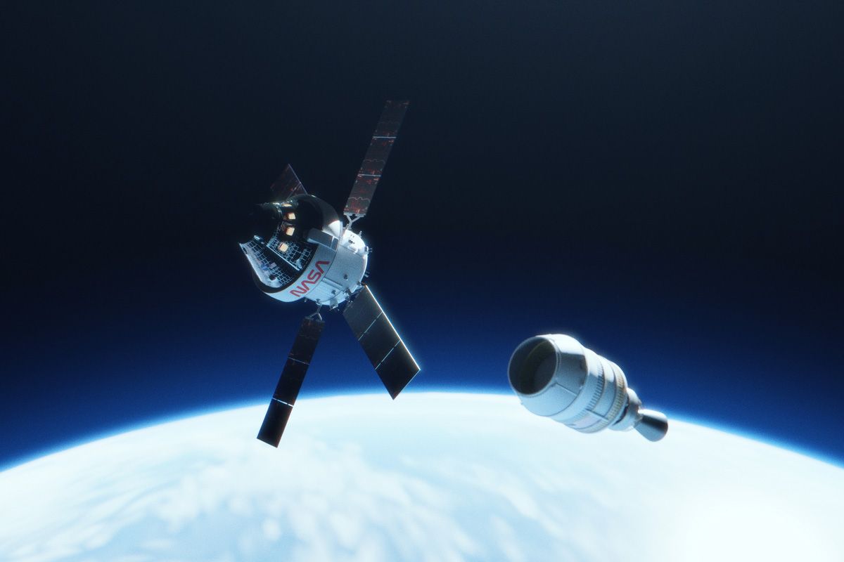 オリオン宇宙船とICPS（SLSの第2段）がランデブーフライトするイメージイラスト (c)NASA/Liam Yanulis