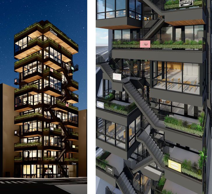 D-Scapeの完成予想図。リズミカルに積層されるテラスと階段は、外観上の魅力であり、人の交流を生むツールでもある。＜お問い合わせ窓口（ゼン・ランド）☎:03－5457－7825＞