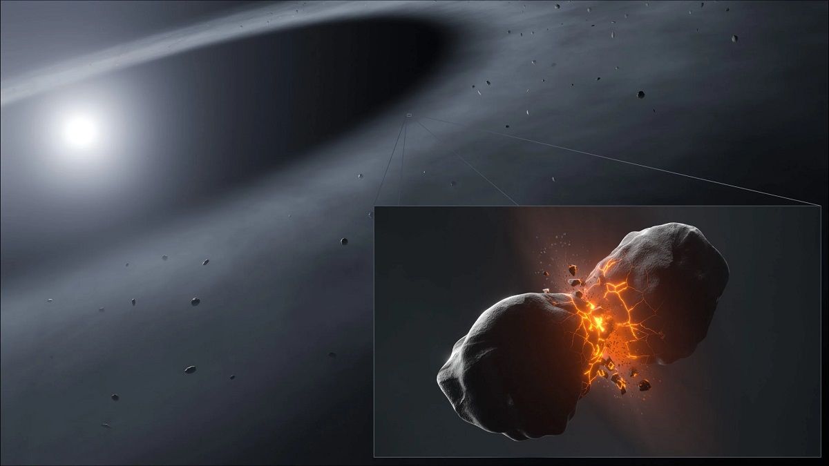 みなみのうお座の1等星フォーマルハウトの星周円盤内で起きた微惑星同士の衝突を描いた想像図（T. Müller (MPIA/HdA) - CC BY 4.0）